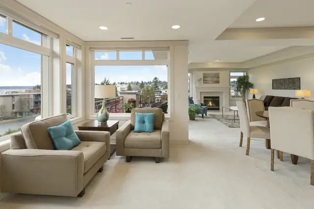 Open-plan interior staged for a confirmed viewing window.